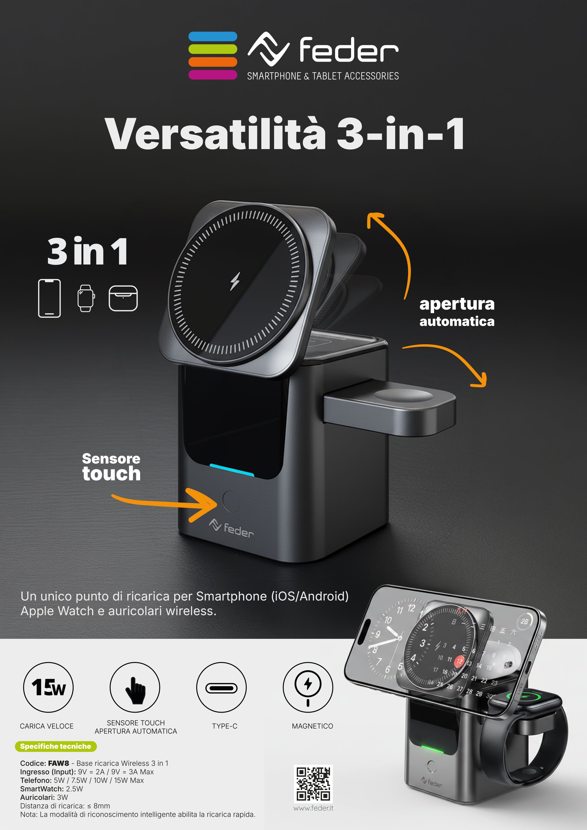 Base di ricarica Dock 3 in 1 Magsafe Wireless