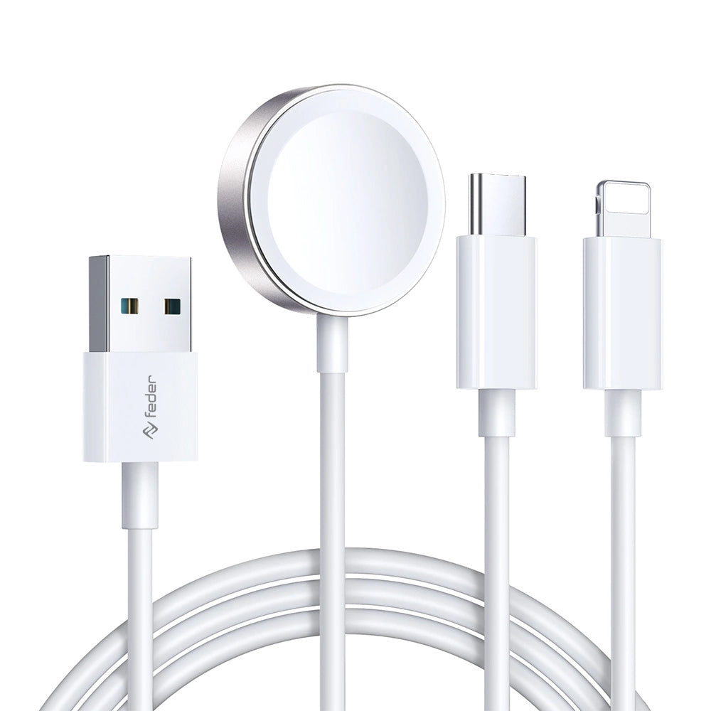 Cavo 3 IN 1 con Base ad induzione + connettori Lightning e Type-C (versione con connettore di alimentazione USB-A)