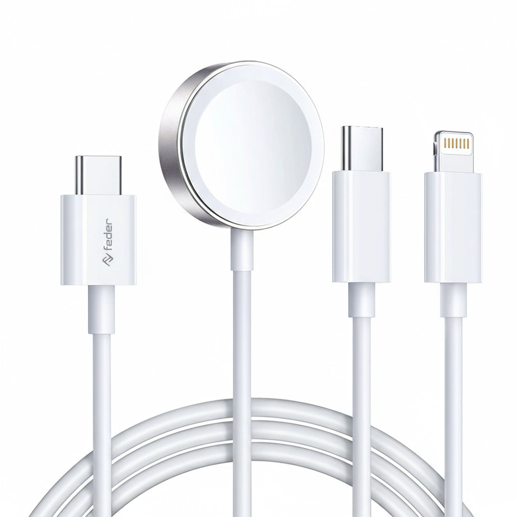 Cavo 3 IN 1 con Base ad induzione + connettori Lightning e Type-C (versione con connettore di alimentazione USB-C)