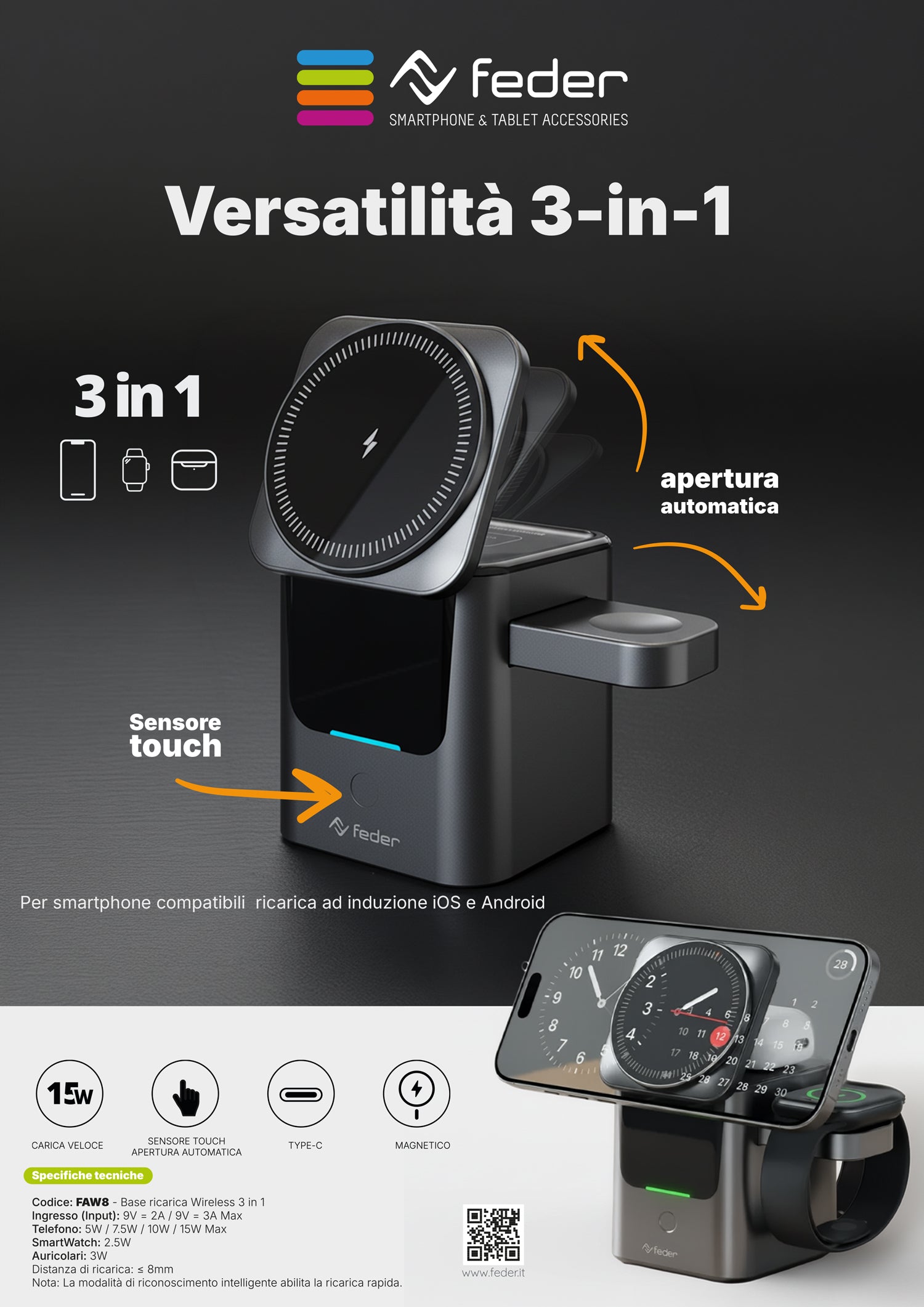 Base di ricarica Dock 3 in 1 Magsafe Wireless